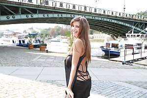 Maria in Watch4Beauty: Leather dress brunette in stockings flashing her naked bod in Prague