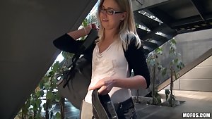 Violetta Pink in Public Pickups: Glasses-wearing blonde teen gets fucked in POV, on some balcony