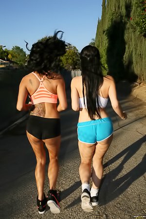 Big booty brunette teasing her pussy outdoors and enjoying lesbian sex