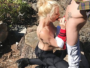 Sierra Nicole & Kristen Scott in Nubiles Unscripted: Busty blonde with dark eyebrows blowing her boyfriend outdoors