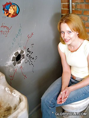 Lexi Matthews in gloryhole.com: Shy-looking blonde with blue eyes sucking cocks via a glory hole