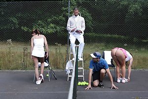 Abbie Cat & Yuffie Yulan in Big Tits In Sports: Wavy-haired tennis player and her equally busty opponent fuck a guy