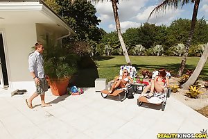 Veronica Franco & Toni in Milf Hunter: Two skinny bitches in shades end up getting fucked next to a pool
