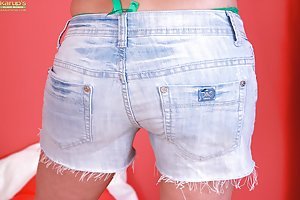 Mischelle in Karups Older Women: Denim shorts mature lady takes off her green panties on camera